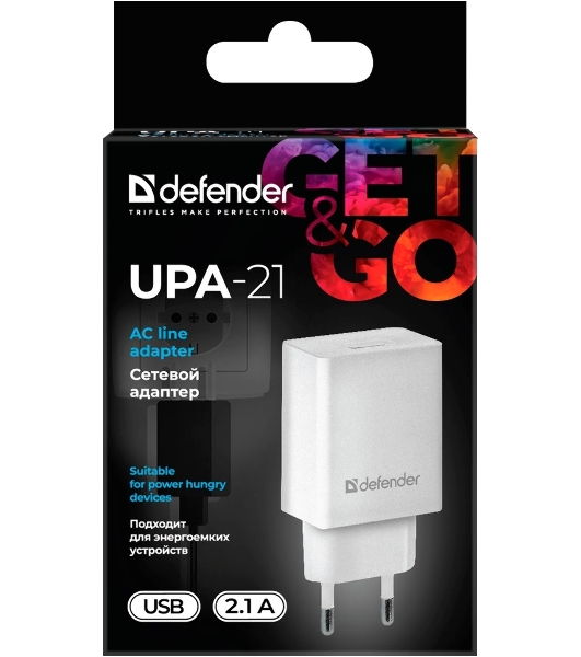 Сетевой адаптер питания Defender 1xUSB, 5V/2.1А, белый (UPA-21)