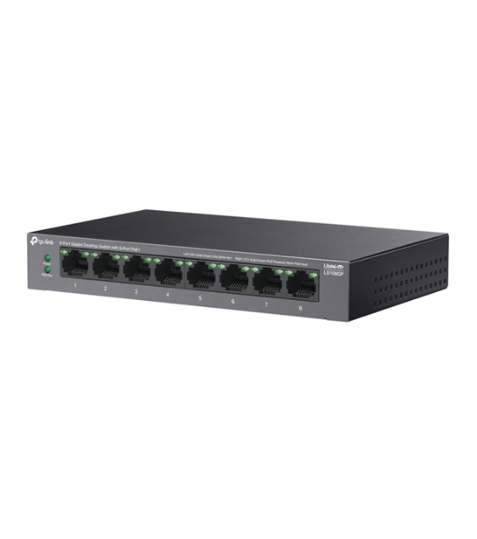 Коммутатор настольный TP-Link LS108GP с 8 гигабитными портами PoE+, 802.3af/at, бюджет PoE — 62 Вт, до 250 метров