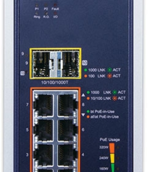 Коммутатор PLANET IGS-6325-8UP2S IP30 DIN-rail Industrial L3 8-Port 10/100/1000T 802.3bt PoE + 2-port 1G/2.5G SFP Full Managed Switch (-40 to 75 C, 8-port 95W PoE++, 802.3bt/PoH/Force modes, dual redundant power input on 48~56VDC terminal block, DIDO, ERPS Ring, 1588 PTP TC, Modbus TCP, ONVIF, Cybersecurity features, Hardware Layer3 OSPFv2 and IPv4/IPv6 Static Routing, supports MQTT, supports 100FX, 1000X and 2.5G SFP)