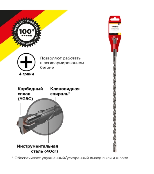 Бур по бетону Kranz 10x460x400 мм крестовая пластина SDS PLUS