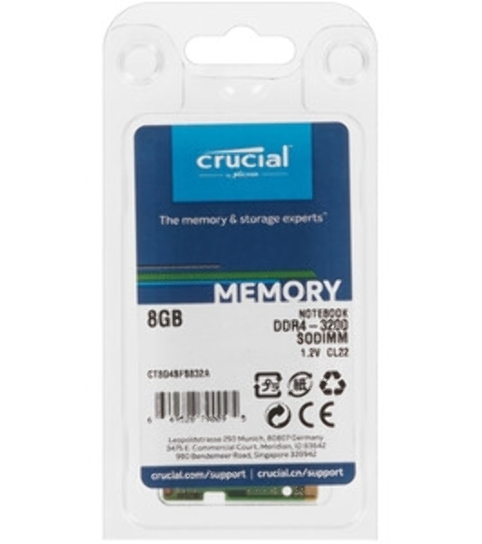 Оперативная память Crucial, DDR4, 8GB (1x8GB), 3200 MHz, CL22, без радиатора, SO-DIMM, OEM