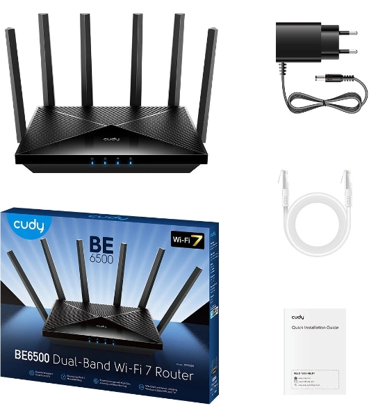 Маршрутизатор Cudy APP BE6500 2.5G Dual Band Wi-Fi 7 Mesh Router, Chipset Broadcom, 802.11be/ax/ac/a/b/g/n, 5764Mbps at 5GHz + 688Mbps at 2.4GHz, 1 x 2.5Gbps WAN Port, 4 x 10/100/1000Mbps Ports, 6 x 5dBi fixed antennas, WiFi router/AP/Repeater/WISP Mode, PPTP/L2TP/OpenVPN/WireGuard, MLO, MU-MIMO, Guest network, WPS, DDNS, IPv6, IPTV, WOL, WPA3, TR069/TR098/TR111/TR181